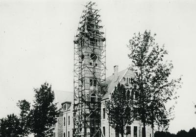 grey scale photo of the construction of Taylor Hall