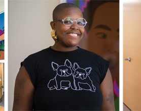 A series of three images, one of artist Marian Bailey, one of a mural in the new Health and Wellness Center, and the third a painting hanging in a hallway.