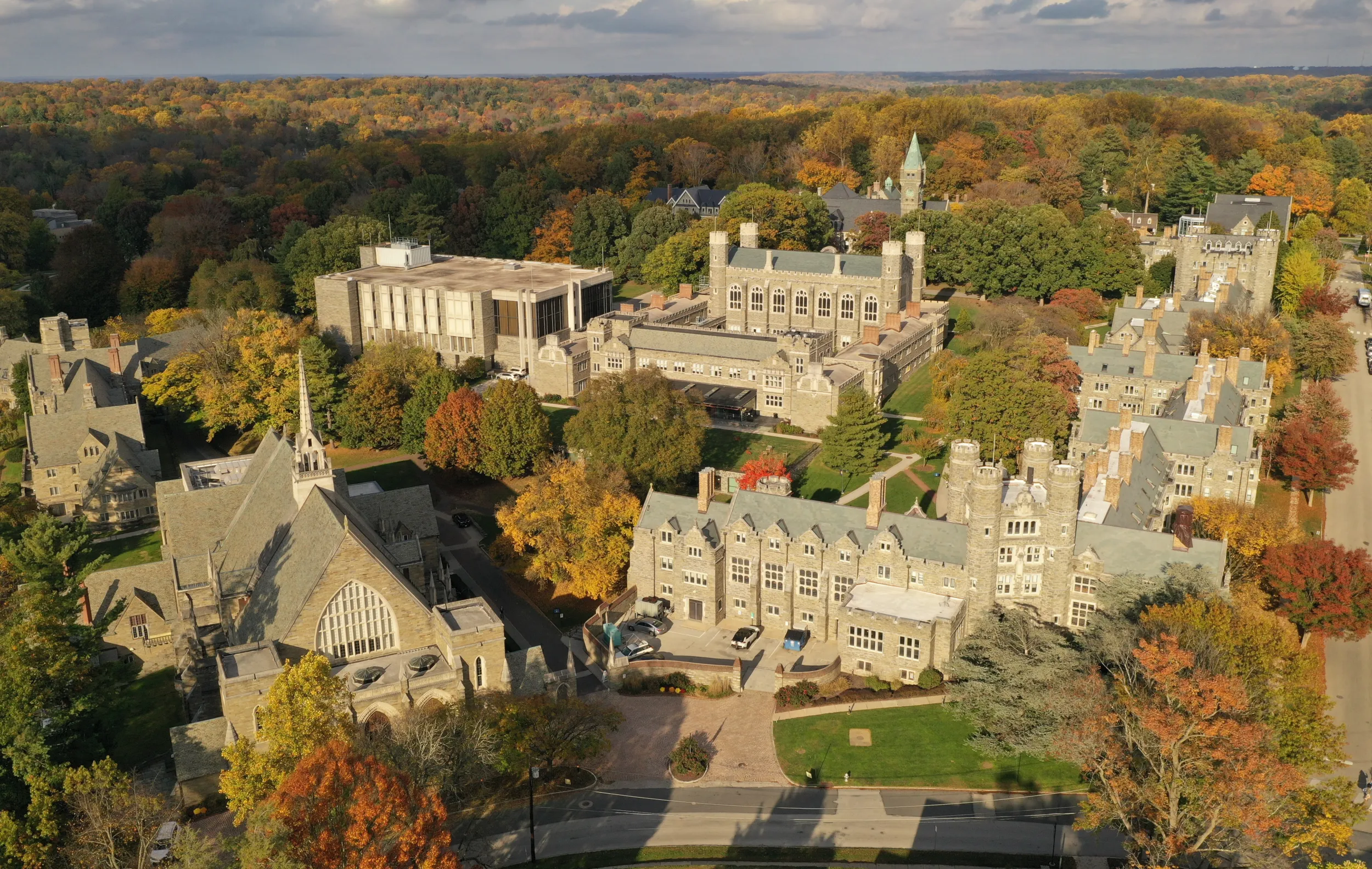 Drone image of BMC campus in the fall