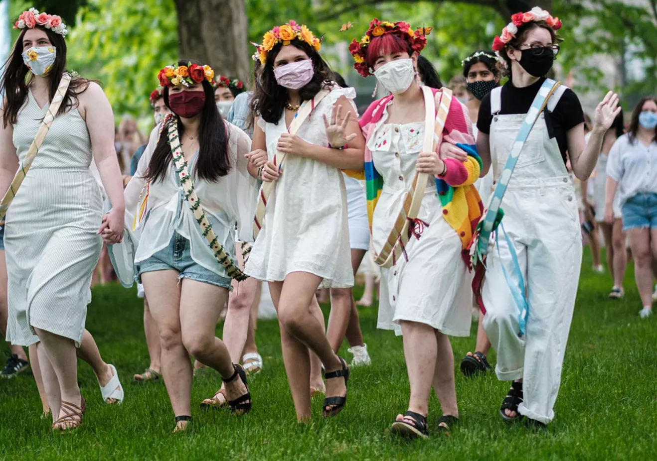 Students celebrate May Day 2021 around the May Pole