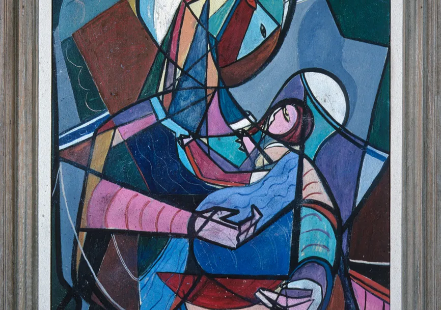 Abstract painting of figure holding a smaller figure. Bold colors and geometric composition resemble stained glass.