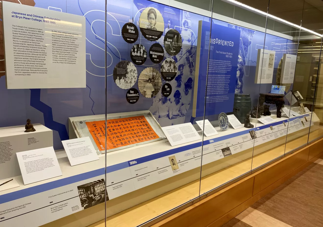 Photograph of Who Built Bryn Mawr? 2024 exhibition, titled Disoriented: The First Asian Students