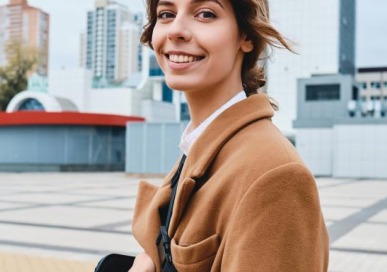 Student walking wearing brown coat