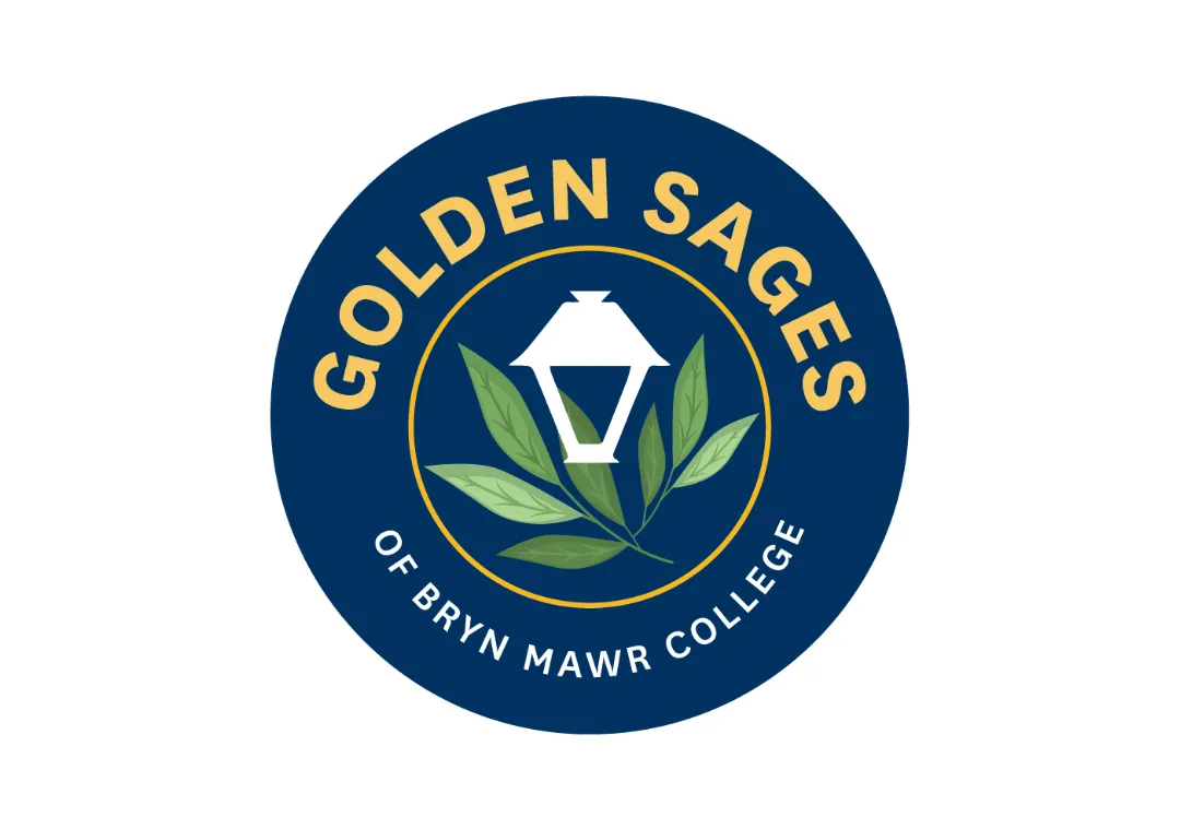 A navy circle, that includes the words "Golden Sages of Bryn Mawr College" and the image of a lantern flanked by sage leaves.