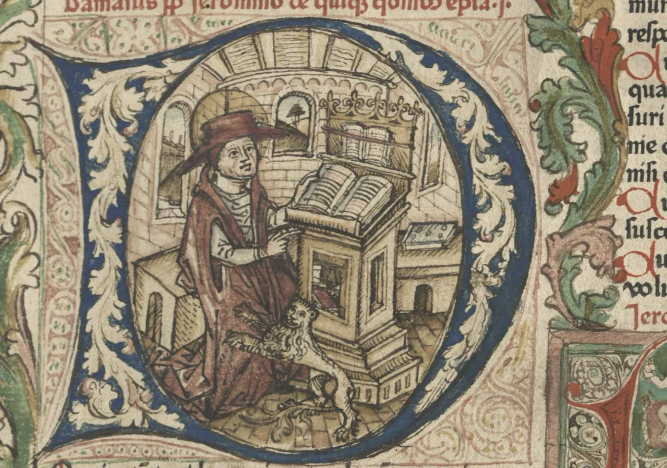 St. Jerome. Detail from the first page of St. Jerome's Epistolae. Mainz: Peter Schoeffer, 1470. Gift of Howard Lehman Goodhart.