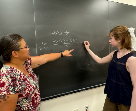 Two people at a chalkboard solving a math problem