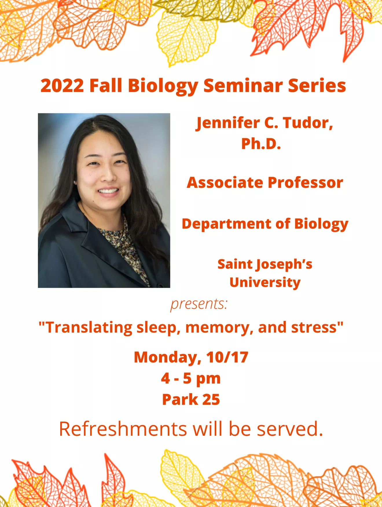 Flyer announcement for October 17 Biology Seminar with Dr. Jennifer C. Tudor, PhD