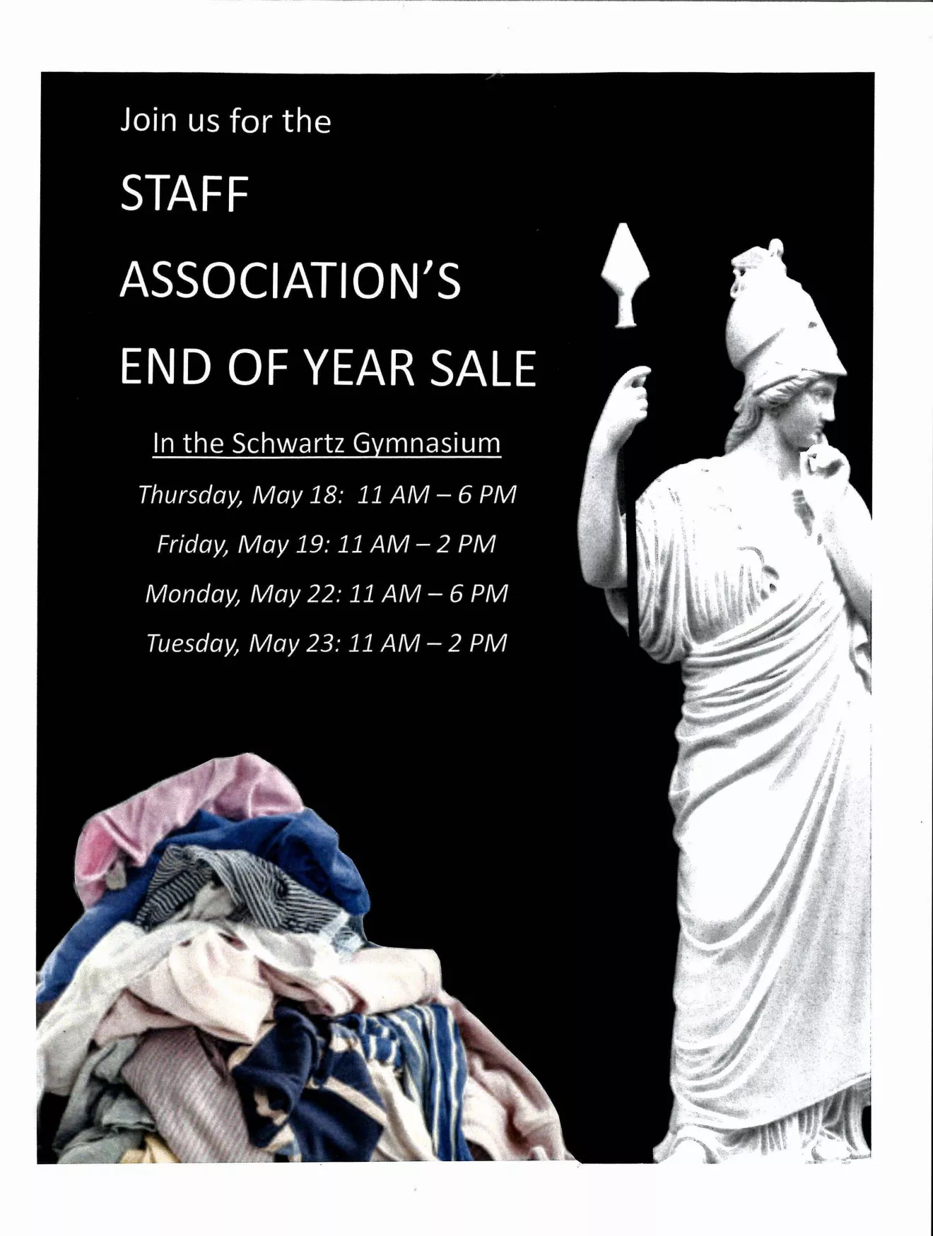 Athena Statue and a pile of clothes