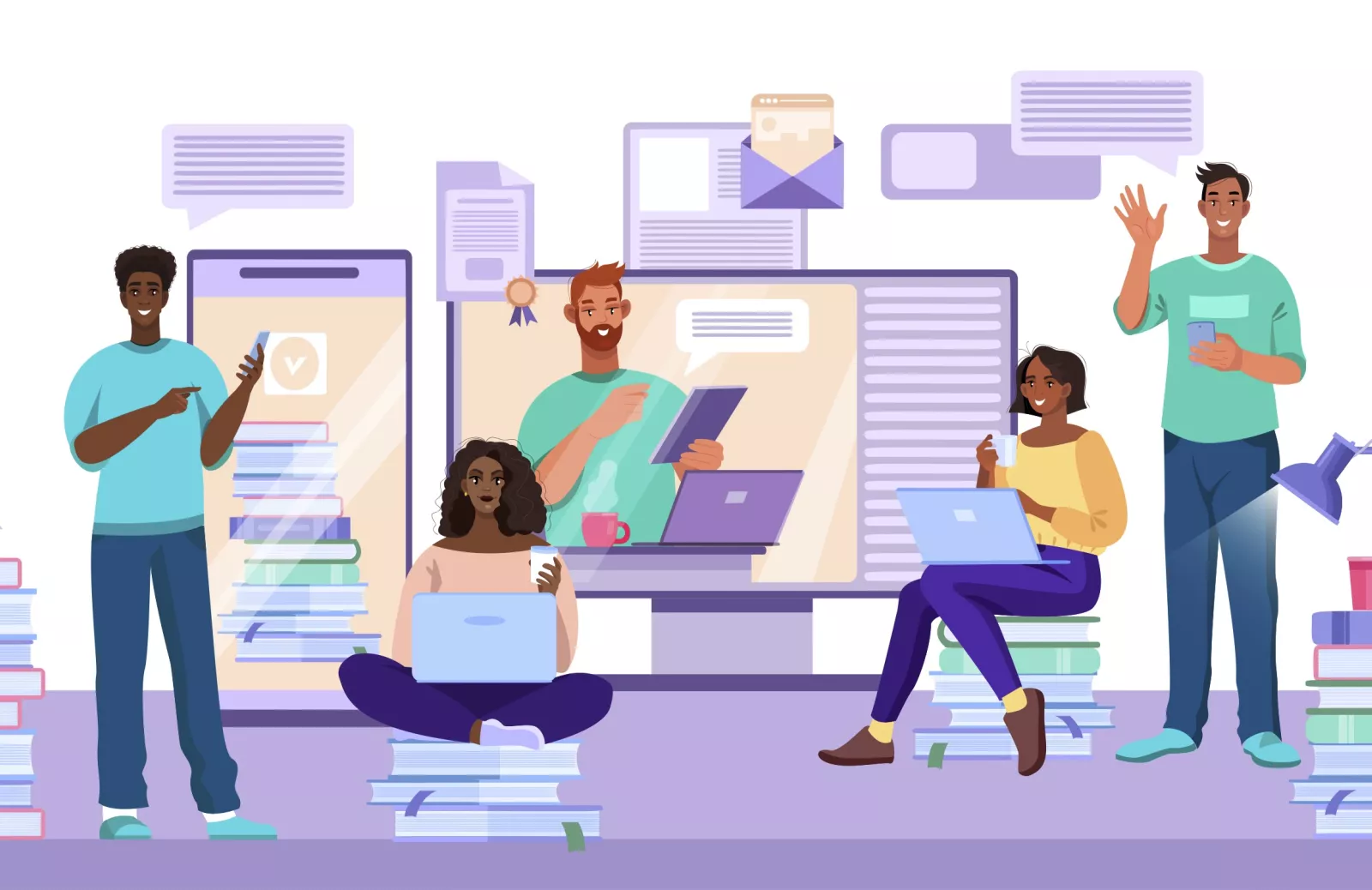 diverse individuals sitting and standing while working together on generating ideas