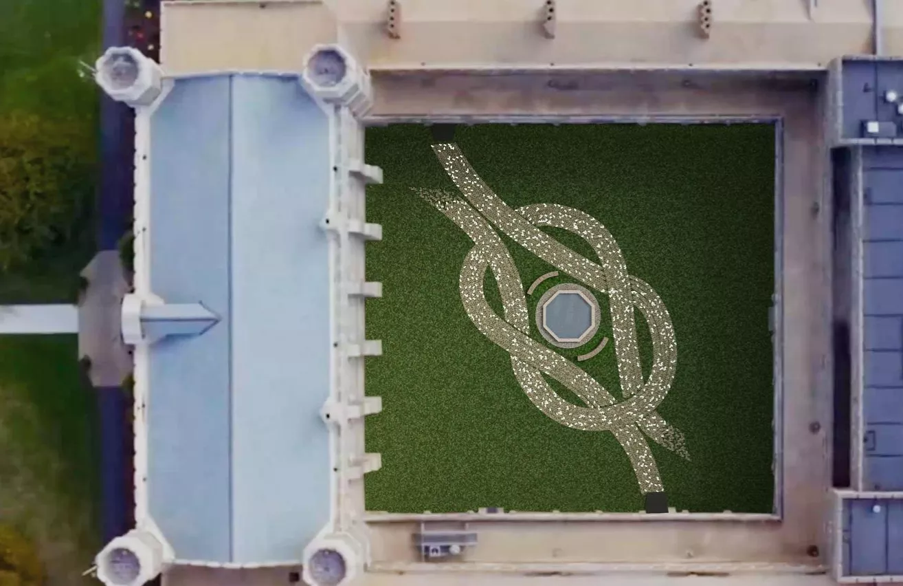 An aerial view of the Cloisters with a braided stone path