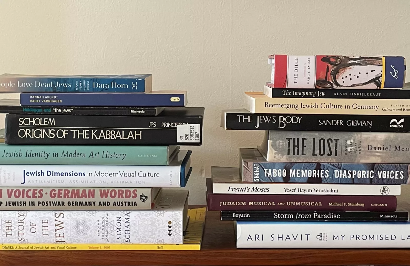 Table with two stacks of books