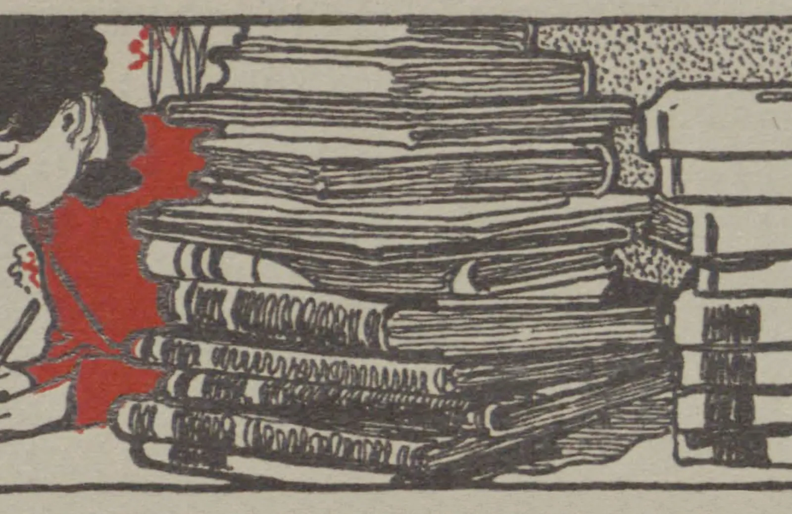 Illustration of a woman in a red dress writing while surrounded by stacks of books.
