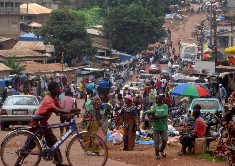 A bustling street in Labe, a city in Guinea's Fouta Djallon region.