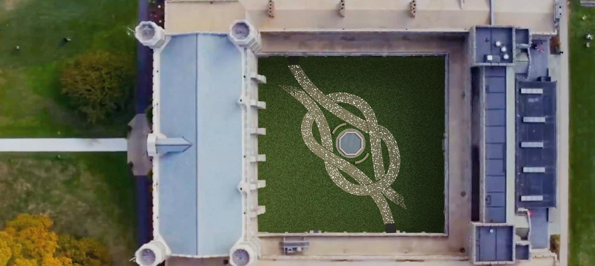 An aerial view of the Cloisters with a braided stone path