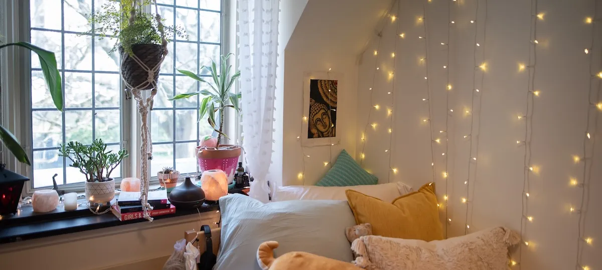 Dorm Room with Twinkle Lights and Plants