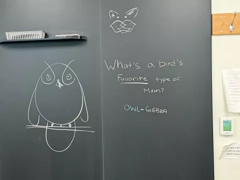 Owl and joke written on chalkboard: What's a bird's Favorite type of Math? OWL-GEBRA