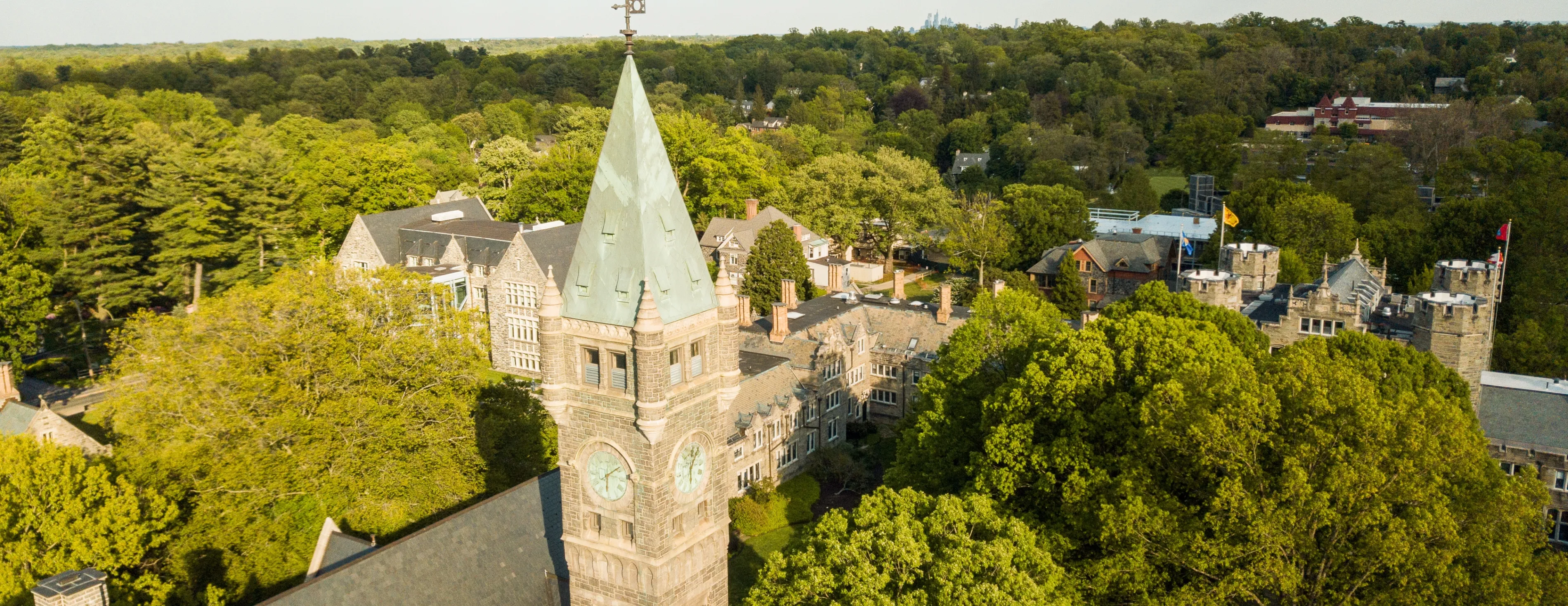 Birds eye view of Taylor Hall and the Bryn Mawr College campus