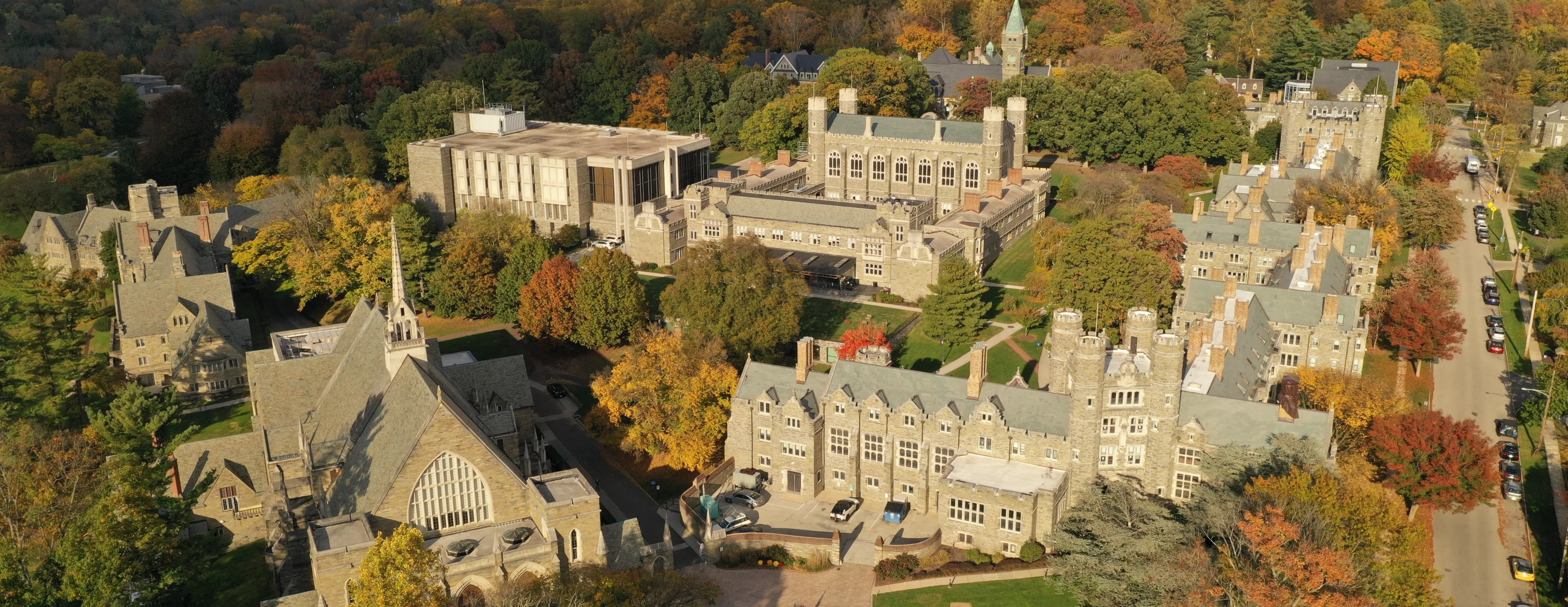 Drone image of BMC campus in the fall