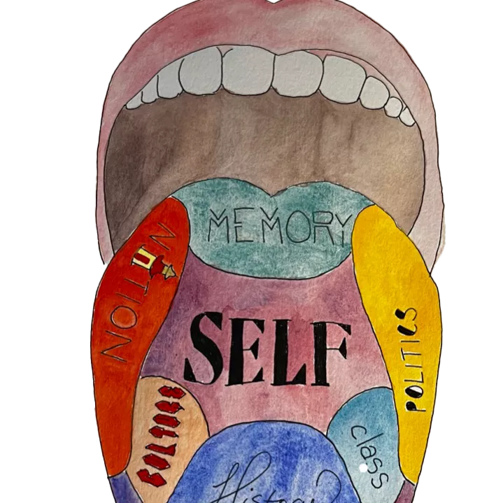 A hand-drawn open mouth with a tounge sticking out. The tounge is divided into colored sections labeled clockwise from left "nation", "memory", "politics", "class", "history", "culture", and at the center, "self".