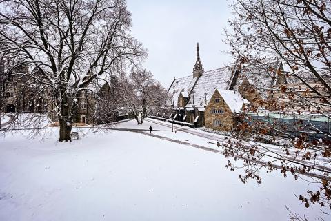 Snow-covered Goodhart Hall