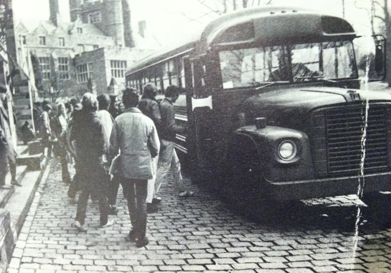 Students boarding the Blue Bus in the 60s