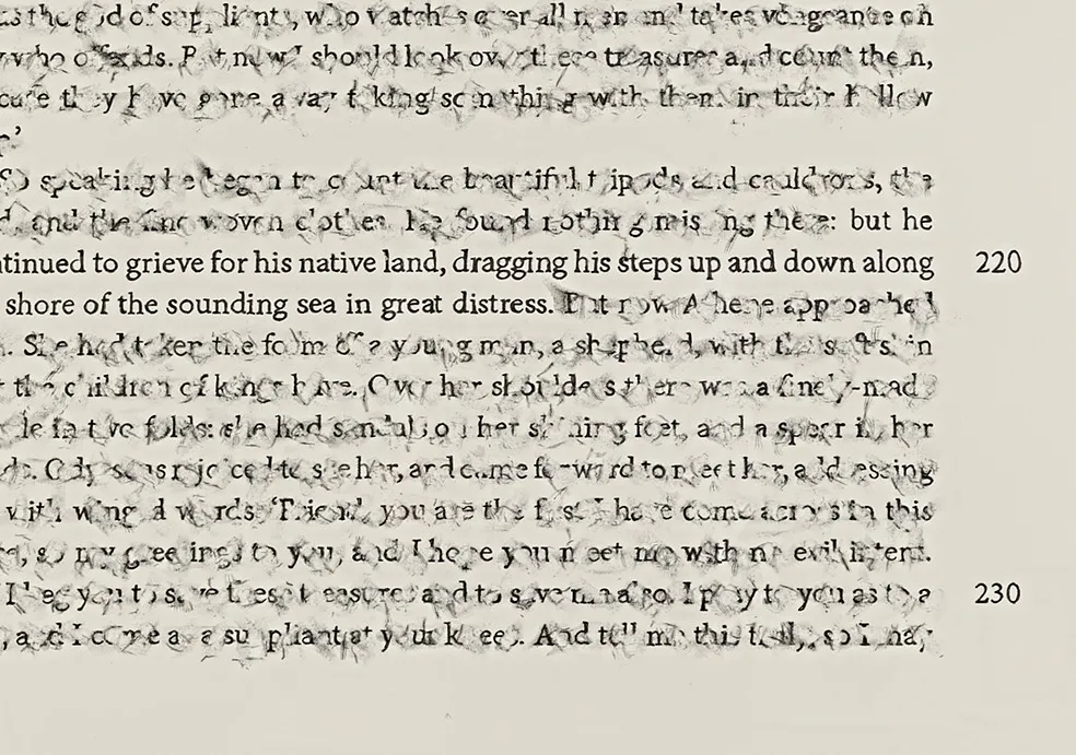 detail of work by artist Bethany Collins. Zoomed in to reveal erasure of text and remaining text "“but he continued to grieve for his native land, dragging his steps up and down along the shore of the sounding sea in great distress.”