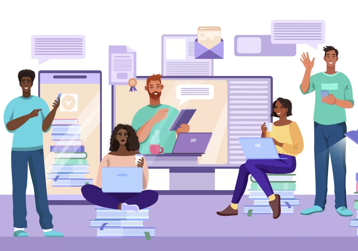 diverse individuals sitting and standing while working together on generating ideas