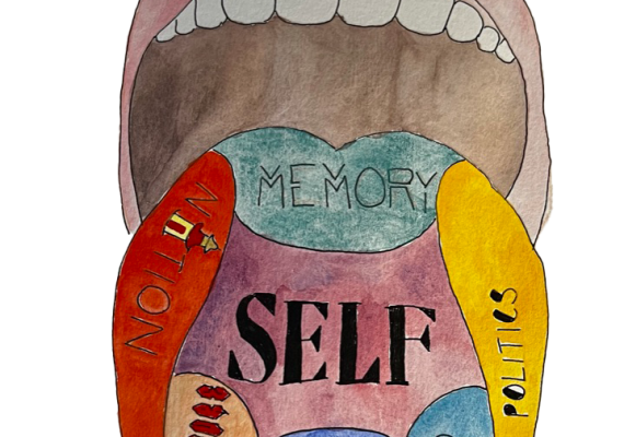 A hand-drawn open mouth with a tounge sticking out. The tounge is divided into colored sections labeled clockwise from left "nation", "memory", "politics", "class", "history", "culture", and at the center, "self".