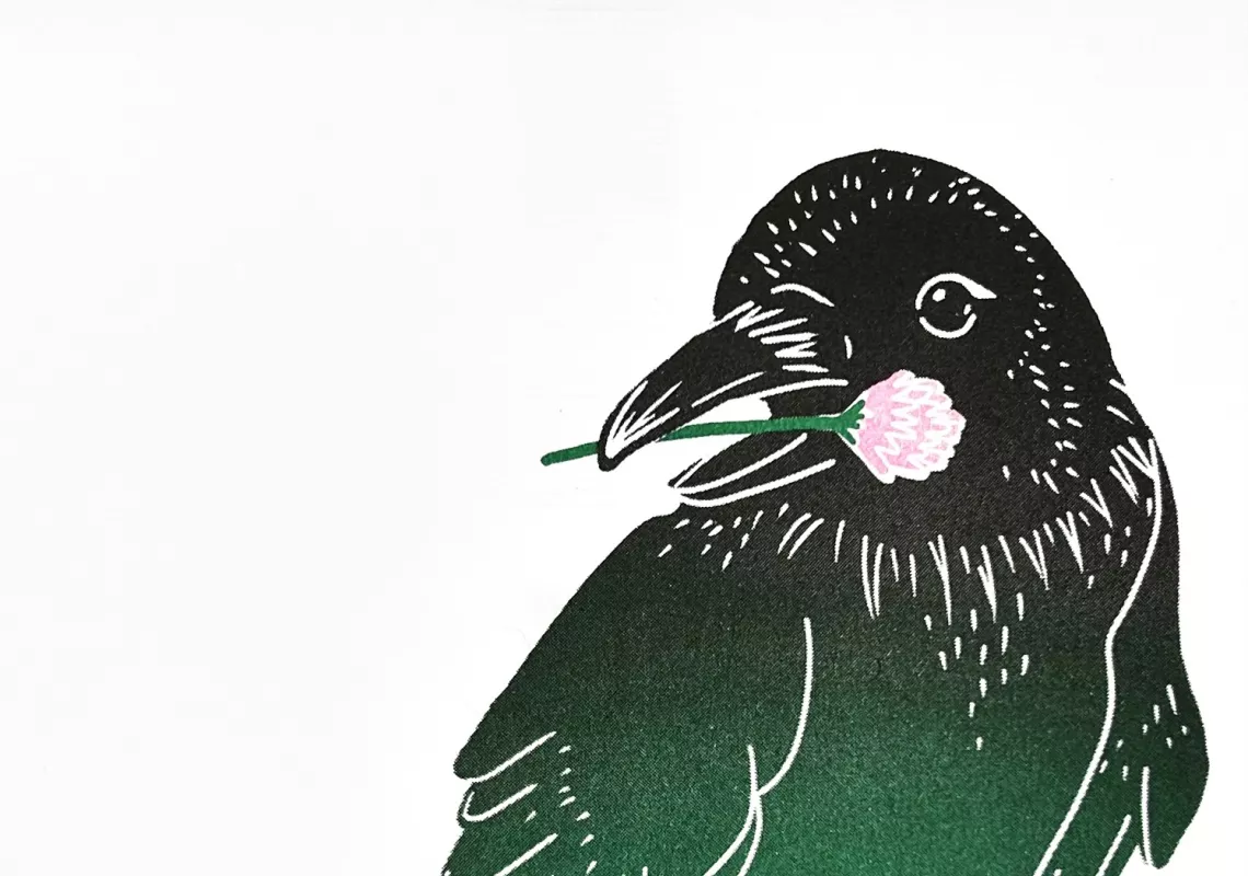 Illustration of a crow holding a clover flower in its mouth. Printed on a RISO printer.