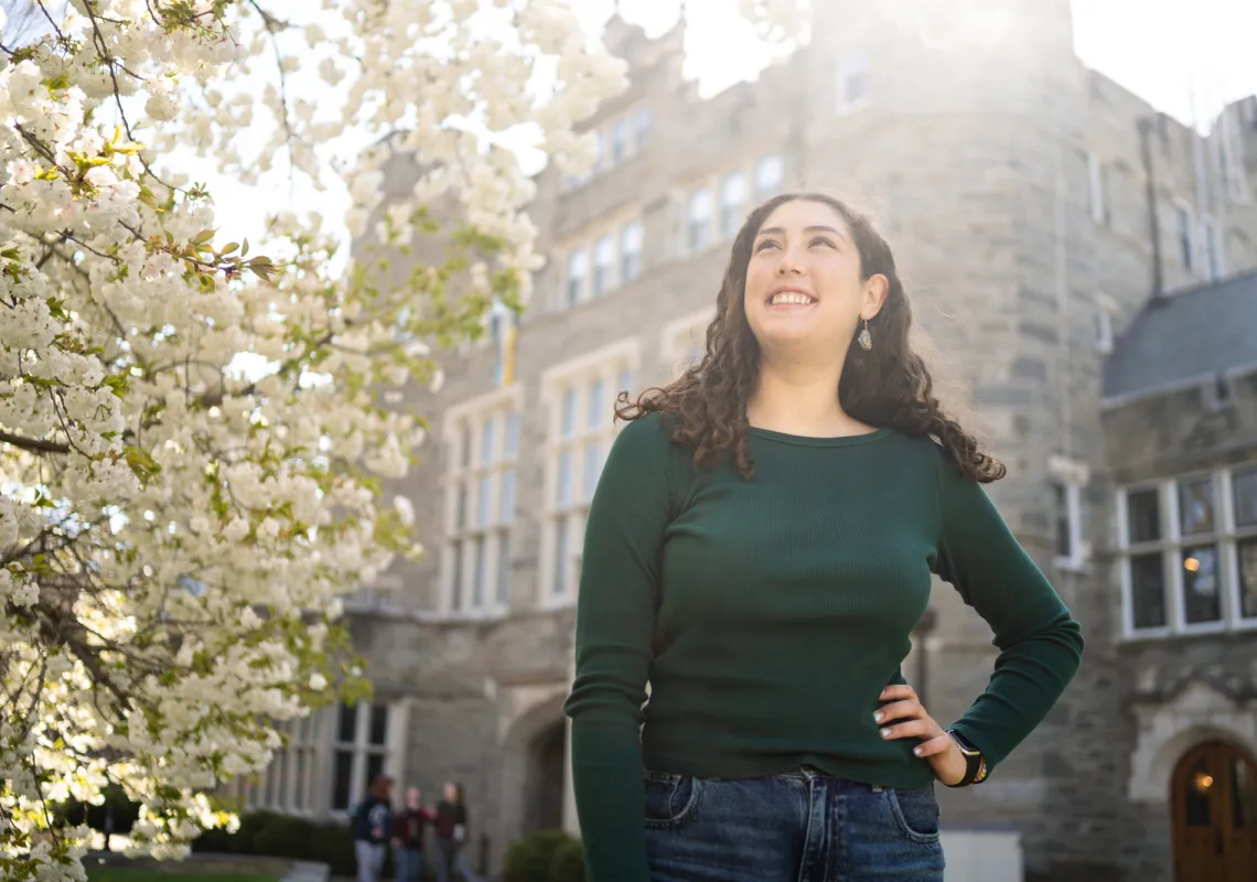 Lily Pfister in front of Old Library