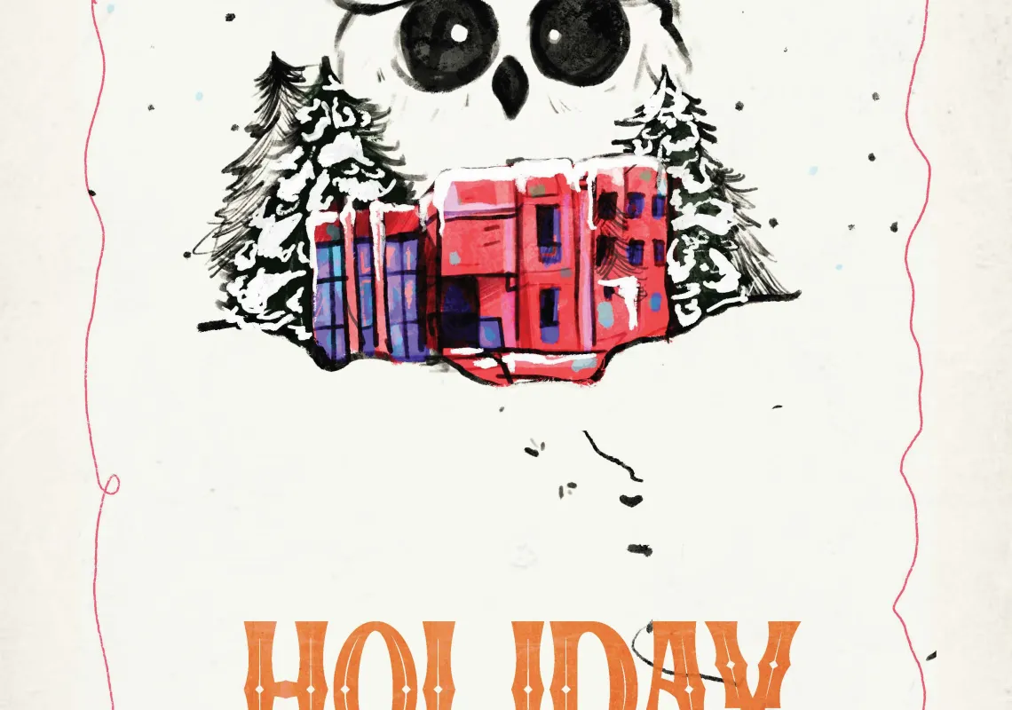 Owl over Canaday Library with words Holiday Card and DIY Gift Wrap