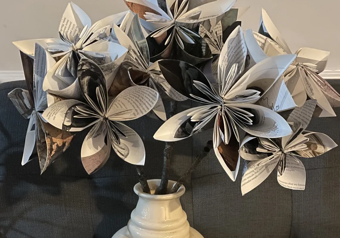 Vase of flowers made out of old books 