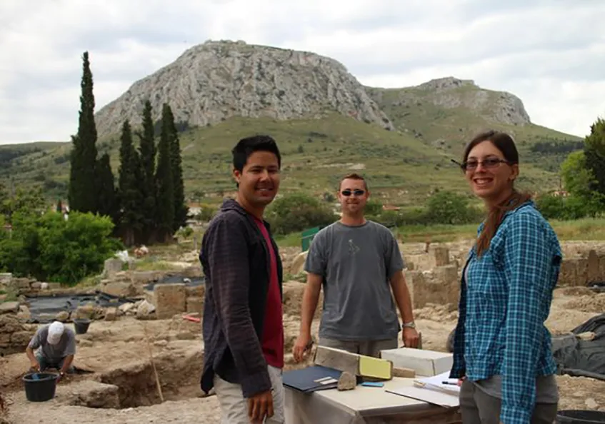 Danielle Smotherman with other area supervisors at Corinth, Kurtis Tanaka (UPenn) and Timothy Brannelly (UVA) Corinto excavation