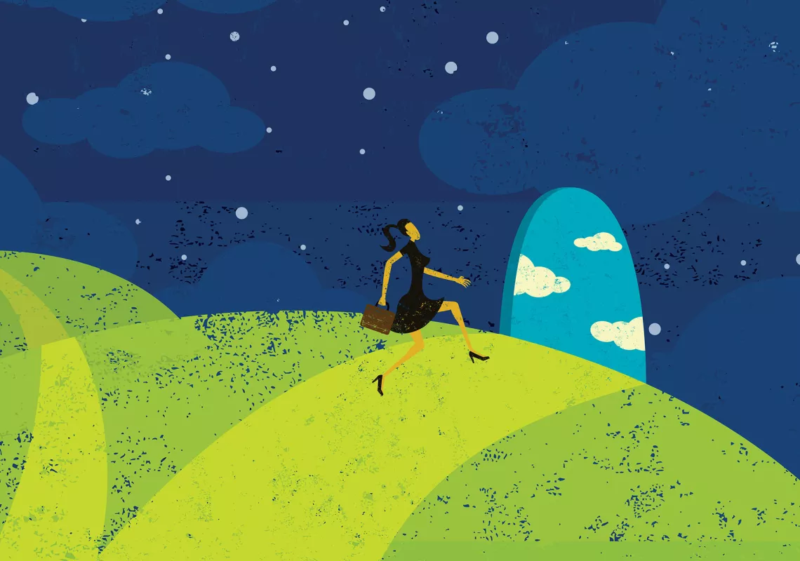 Illustration: female figure exiting horizon