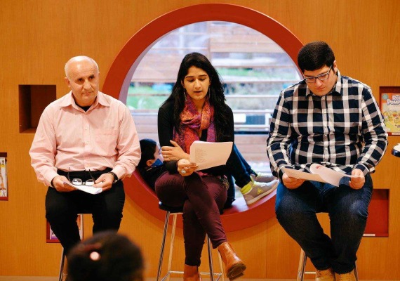 Sanam Sheriff '18 participates in a panel alongside Ibrahim Eroglu (left) Hizir Cengiz (right)