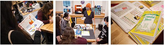 A trio of images showing Shing Yin Khor working with students