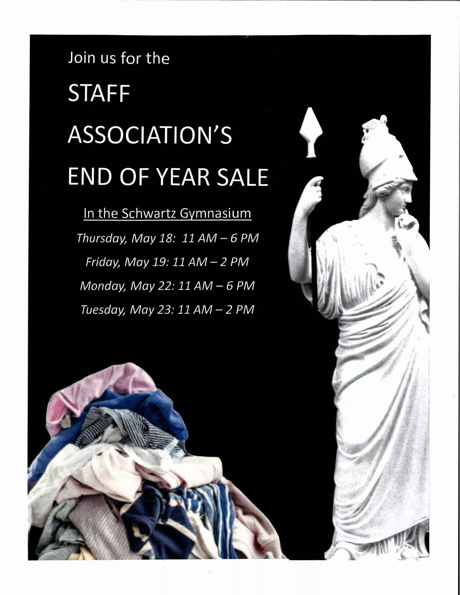 Athena Statue and a pile of clothes