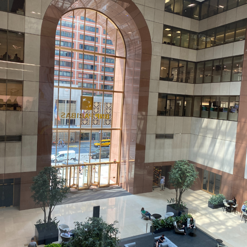 Lobby of skyscraper building. 