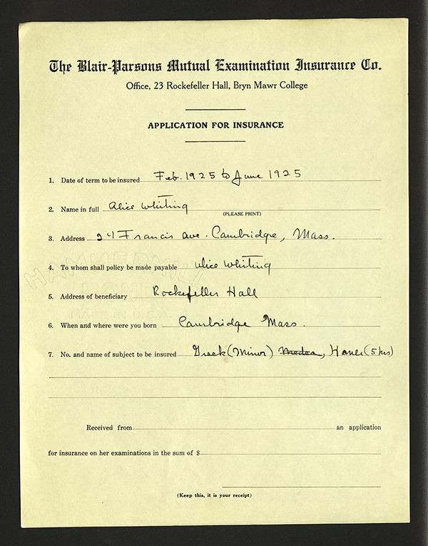 Item from Louise Heron Blair’s time at Bryn Mawr showed she had a sense of humor—including a made-up insurance company that allowed students to “insure” their performance on exams, and “The Idea of a College,” a tongue-in-cheek rewriting of Bryn Mawr social life as a caste system based on seniority.