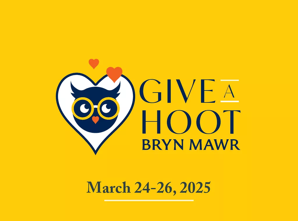 An illustrative owl head in a heart on a yellow background, with the text "Give A Hoot Bryn Mawr. March 24-26, 2025"