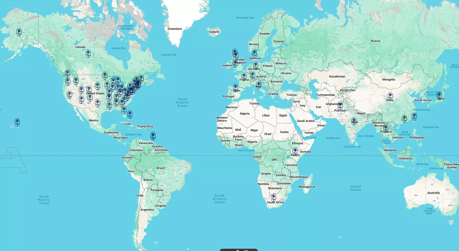 Map of Bryn Mawr volunteers across the globe