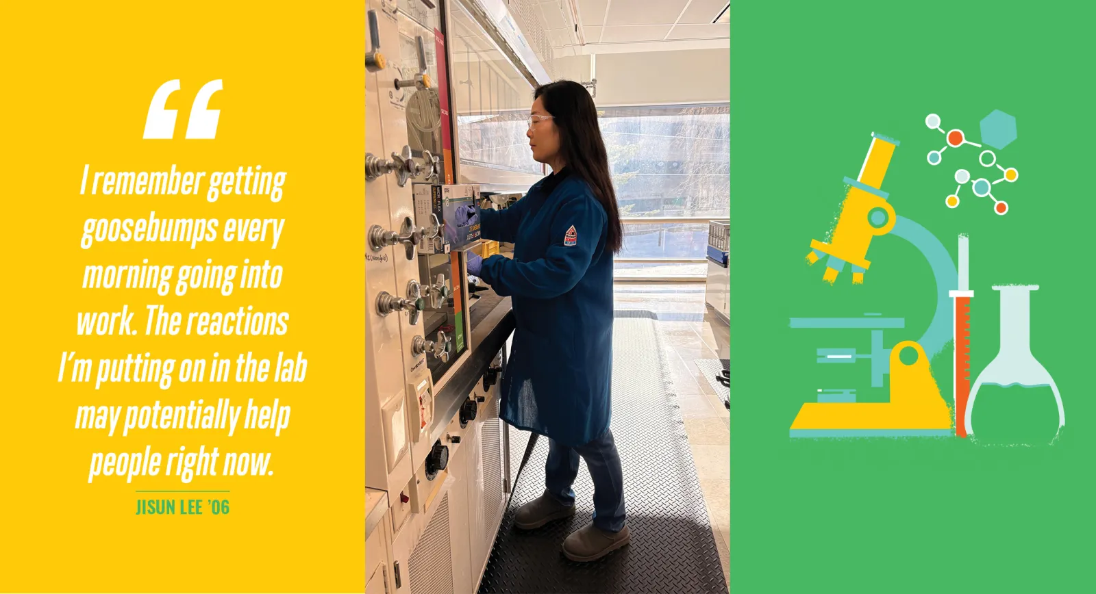 Quote and photo of Jisun Lee working in the lab