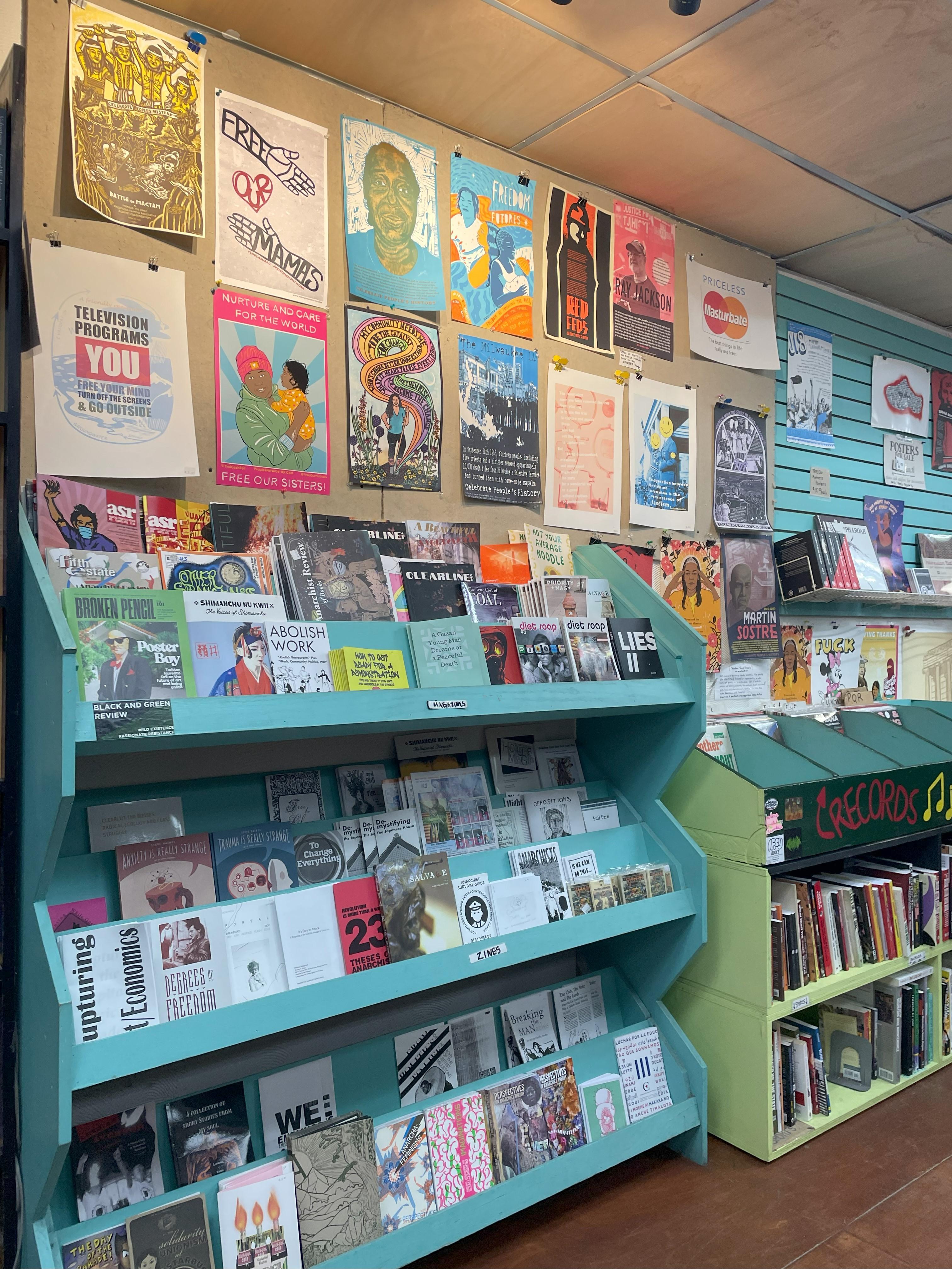 Shelves with books and zines in the Wooden Shoe Bookstore on South Street